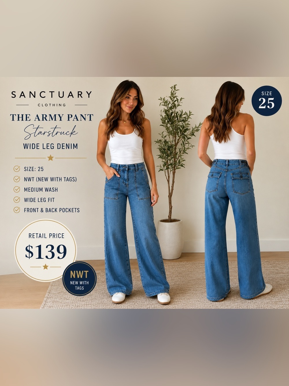 Sanctuary The Army Pant Starstruck Wide Leg Denim Jeans Medium Wash NWT Size 25